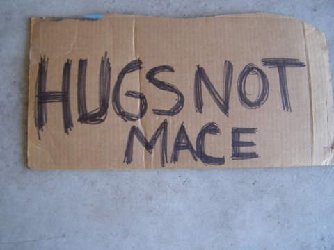 Hugs Not Mace protest sign