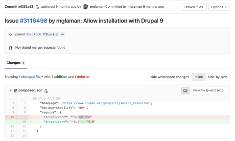 git commit diff fixing drupal/core requirement