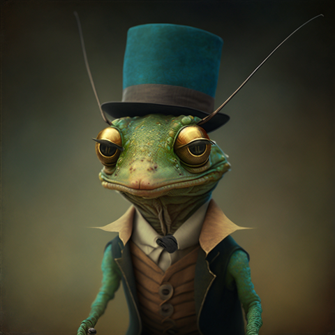 Midjourney generated Jiminy Cricket, staring and judging.