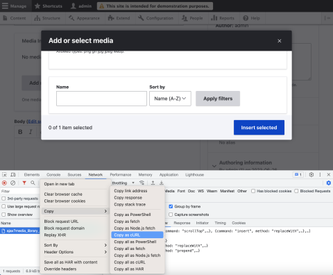 Copy as cURL for Blackfire profiling of an AJAX request