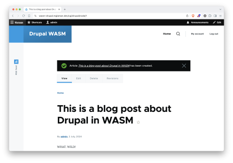 Screenshot of Drupal running in WASM with created content