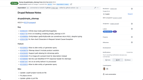 PR overview with release notes from the Github Action