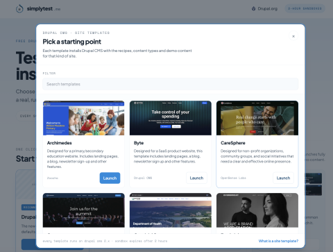 Simplytest.me site template modal