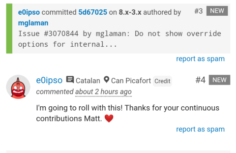 Screenshot of issue credit and comment on Drupal.org