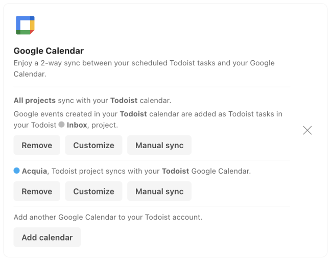 Todoist calendar sync integration form